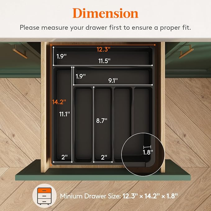 Lifewit Silverware Drawer Organizer Tray, Plastic Cutlery Storage for Kitchen, Flatware and Utensil Holder Divider for Spoons Forks Knives Tableware, 12.3 x 14.2", 7 Slots, Black