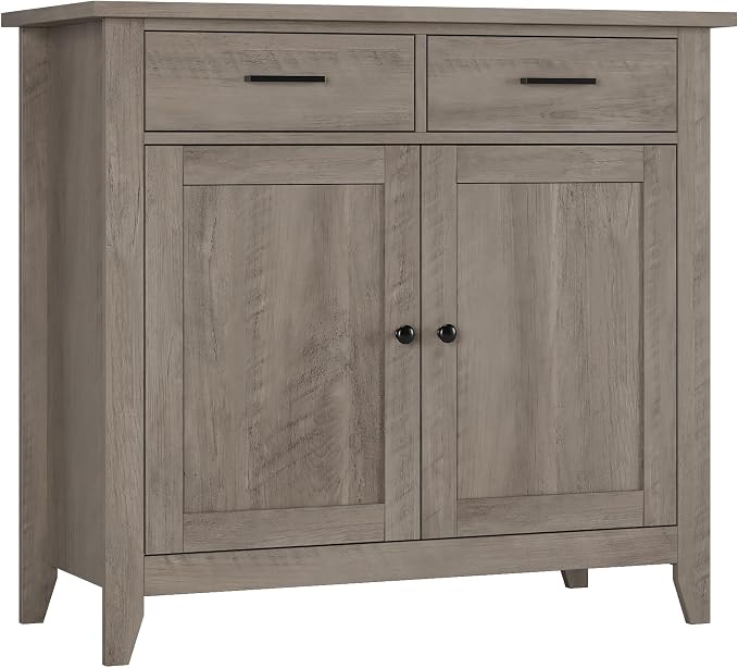 HORSTORS Farmhouse Kitchen Storage Cabinet, Small Buffet, Coffee Bar, Grey | Buffet Sideboard with 2 Drawers & 2 Doors, 35.8"W Coffee Table, Sapce-saving Kitchen Cabinet for Dining Living Room, Entryway