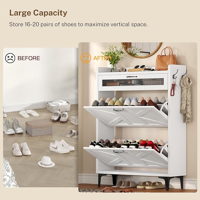Shoe Cabinet with 2 Flip Drawers & Top Drawer, Farmhouse Narrow Shoe Storage Cabinet with Adjustable Shelves & Hooks, Freestanding Hidden Slim Shoe Rack Cabinet for Entryway, Hallway, White