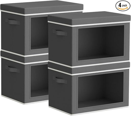 Homsorout Storage Bins with Lids - Small Fabric Organizers with Window, Collapsible Storage Bins for Clothes, Decorative Closet Organizers for Towels, Tshirt, 4 Pack, Dark Grey