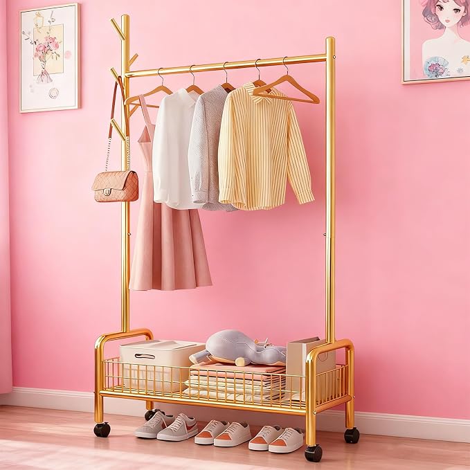 MYUPDALIN Clothes Rack with Shelves, Clothing Rack with Wheels, Multifunctional Hangers with Storage Baskets and Shoe Racks, Ideal for Bedrooms and Living Rooms (Gold, 60cm/23in)