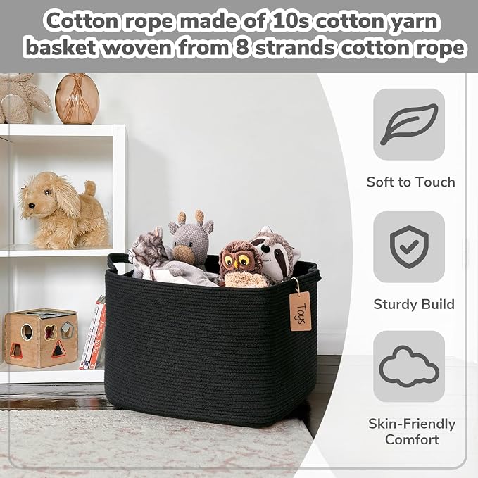 Goodpick Large Rectangle Cotton Rope Basket with Handles, Black | 50L, 18 × 14 × 12 in, Soft Woven, Blankets, Toys & Home Essentials Storage, Living Room, Bedroom & Nursery Organization