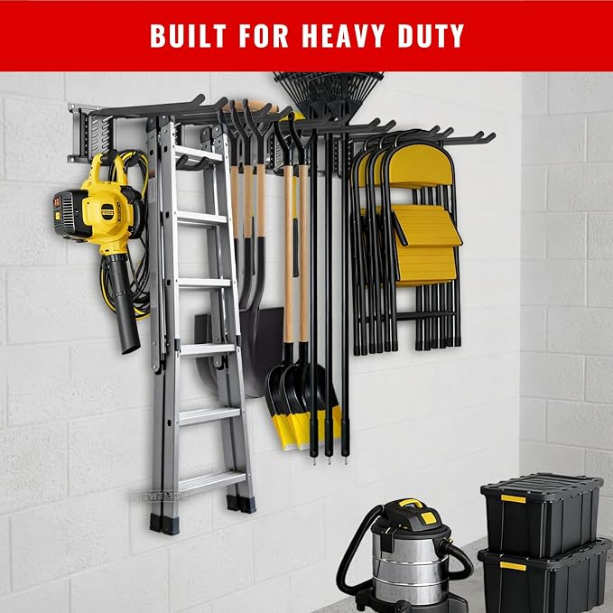 Garage Tool Organizer Wall Mount, Easy to 48inch Install Heavy-Duty Garage Storage System with 6 Adjustable Universal Hooks, Garden Tool Rack for Shovels, Rakes, Yard Tools