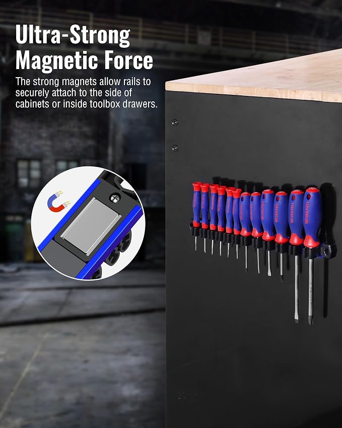 WORKPRO Magnetic Screwdriver and Wrench Organizer Set, 24-Slot Tool Holders | 2-Pack Aluminum Rails, Magnetic Force, Flexible High-Tension Tool Clips, For Tool Box Drawer & Wall-Mount Storage
