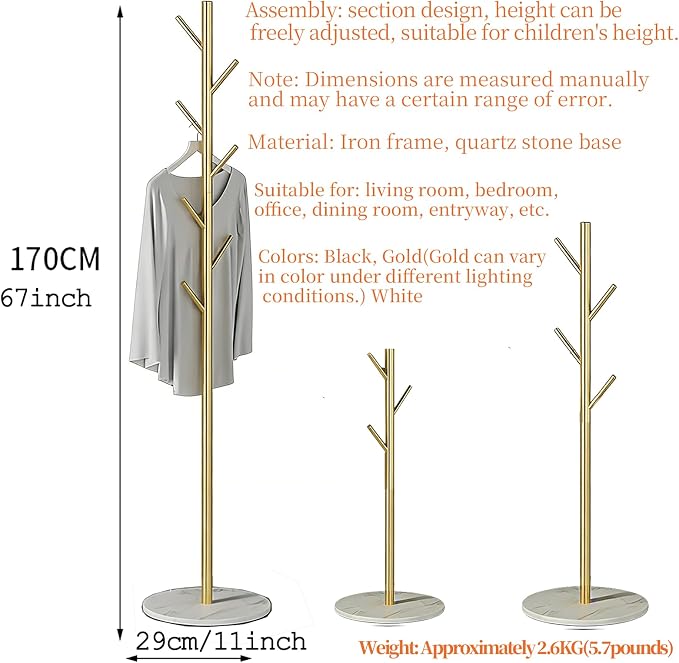 Coat rack freestanding Coat tree Marble base metal coat rack jacket coat bag perchero heavy duty coat rack Available for hall office entryway Gold coat rack