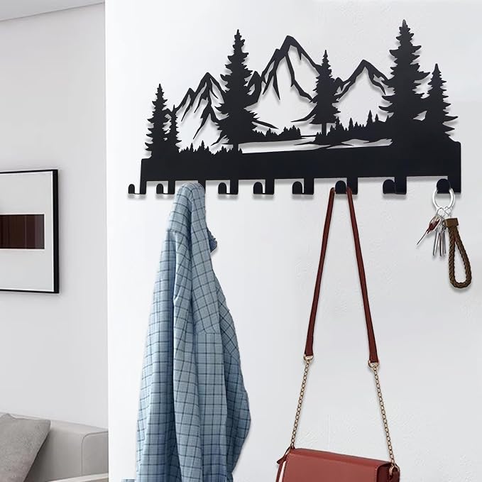 Metal Key Holder, Wall Mounted Key Hooks, Key Holder for Wall, Key Organizer Rack with 9 Hooks, Key Hanger Decor for Kitchen, Entryway, Hallway, Bedroom, Doorway (Mountain 14IN)