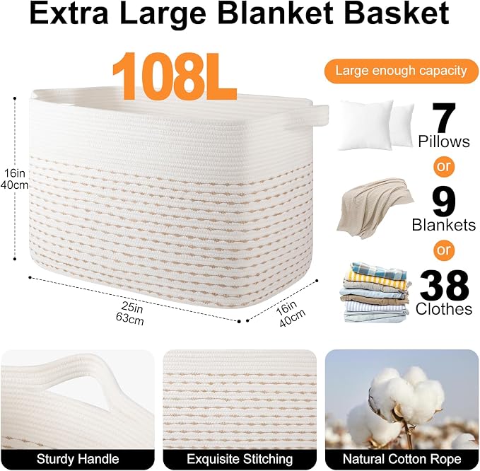 OIAHOMY 108L Extra Large Blanket Basket, 25”x16”x16” Rectangle Woven Cotton Rope Baskets for Living Room, Toy Storage with Handle- Light Yellow & White