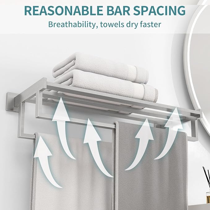 STWWO Double Towel Racks for Bathroom Wall Mounted, 24 Inch, Brushed Nickel | Double Towel Bar with Shelf, Dual Towel Rack with Shelf, Stainless Steel Hand Towel Hanger, Bath Towel Holder for Wall