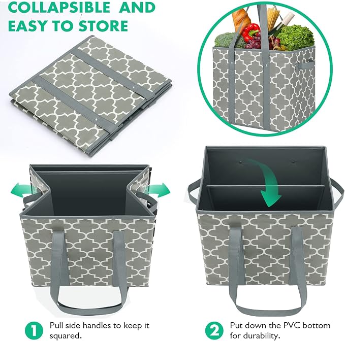 WISELIFE Reusable Grocery Bags 6-Pack Foldable Washable Storage Bins Basket Water Resistant Shopping Utility Tote Bag Grey