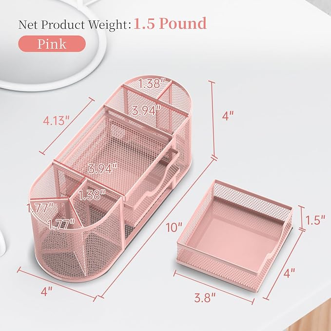 Mesh Desk Organizer, Desk Organizers and Accessories, Pen Holder with Drawers, Pencil Holder for Desk with 2 Drawer for Office Supplies, Pink