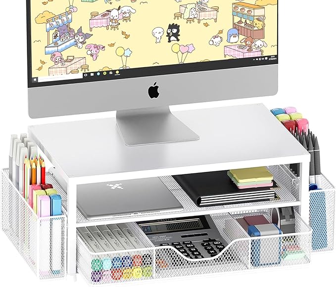 OPNICE Desk Organizer and Accessories, 2-Tier Computer Monitor Stand Riser with Drawer and 2 Pen Holders, Laptop Stand, Office Desk Accessories for Office Supplies, 1 Pack, White