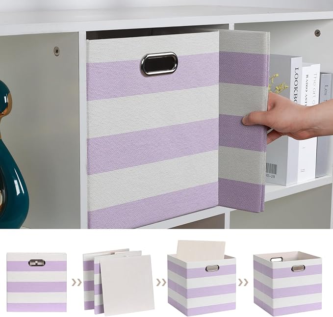 Posprica Storage Bins Storage Cubes,13×13 Collapsible Storage Boxes Containers Organizer Baskets for Nursery,Office,Closet,Shelf - 4pcs,Purple-white Striped