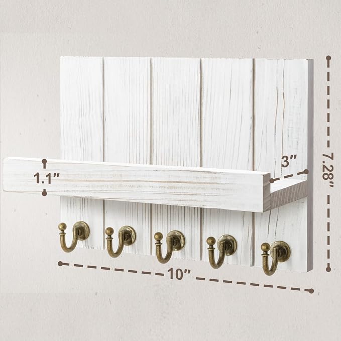 Rebee Vision Key Holder Wall Mount with Shelf for Living Room, Whitewash | 3.54" x 10" x 7.28", 5 Sturdy Hooks, Key Holder for Wall, Floating Shelf, Mail Organizer, Decorative Storage Accent Decor