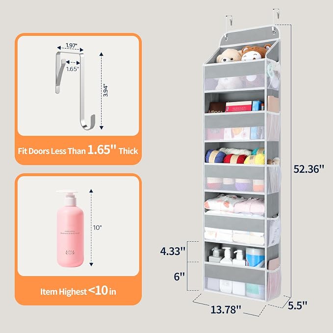 Yecaye Over The Door Organizer Storage, 5-Tier Heavy Duty Door Organizers Hanging with 10 Side Mesh Pockets, 44 lbs Load Capacity Behind Door Storage for Bathroom Nursery Bedroom Dorm Closet,Grey,1Pc