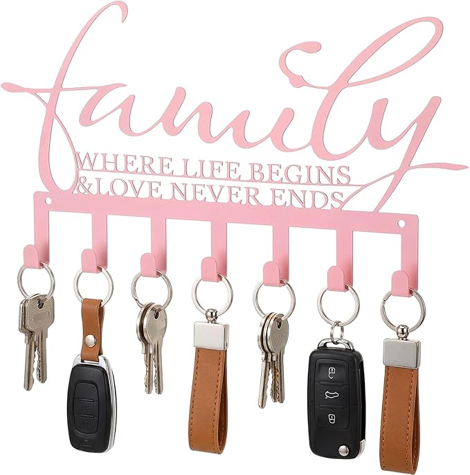 Hicarer Family Key Holder Metal Hooks Decorative Hanger Pink Rack Wall Mount Organizer with Screws and Anchors for Keys Hat Kitchen Entryway Front Door Home Decor