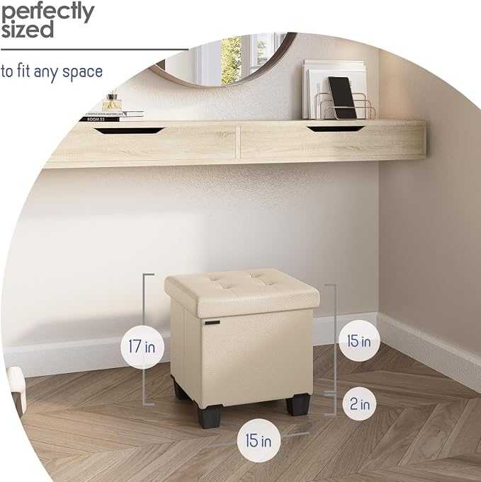 Storage Ottoman Cube with Small Bin, 15-in Square Ottoman with Storage for Living Room and Bedroom, Small Ottomans Foot Rest, Leather Foot Stools Ottomans Max 330lbs, Beige