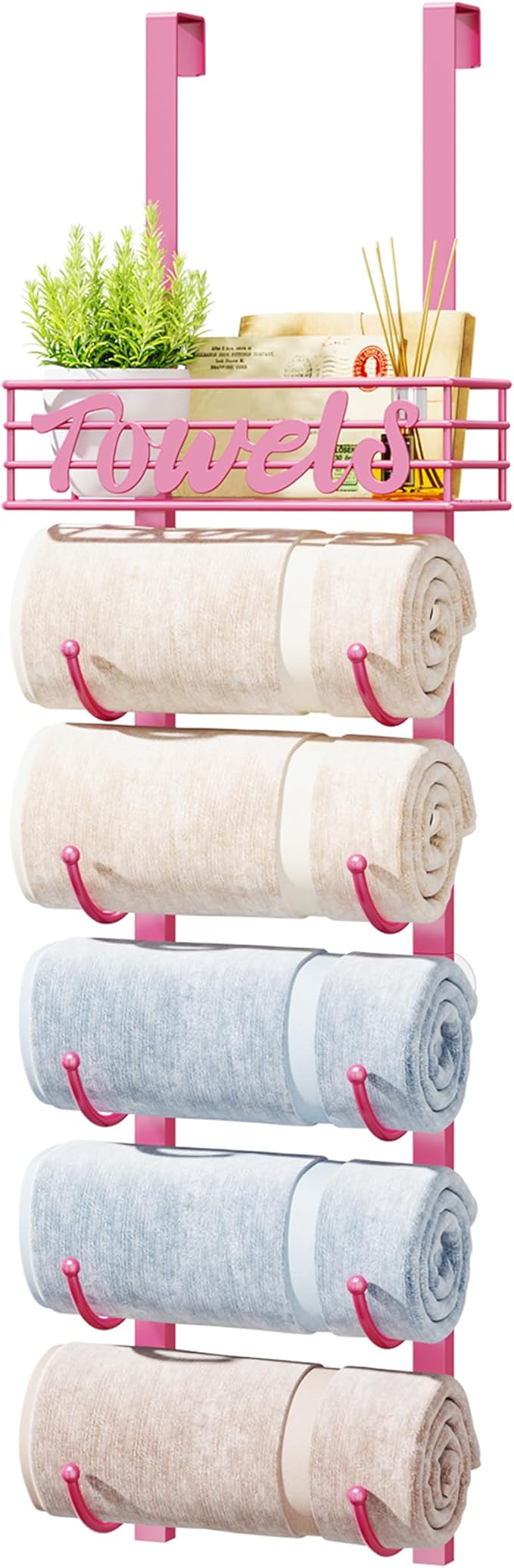 HapiRm Towel Racks for Bathroom Storage - 6 Tier Over The Door & Wall Mount Rolled Towel Storage Organizer Holder with Metal Shelf Basket for Small Bathroom, Camper, Rv - Pink, Patented