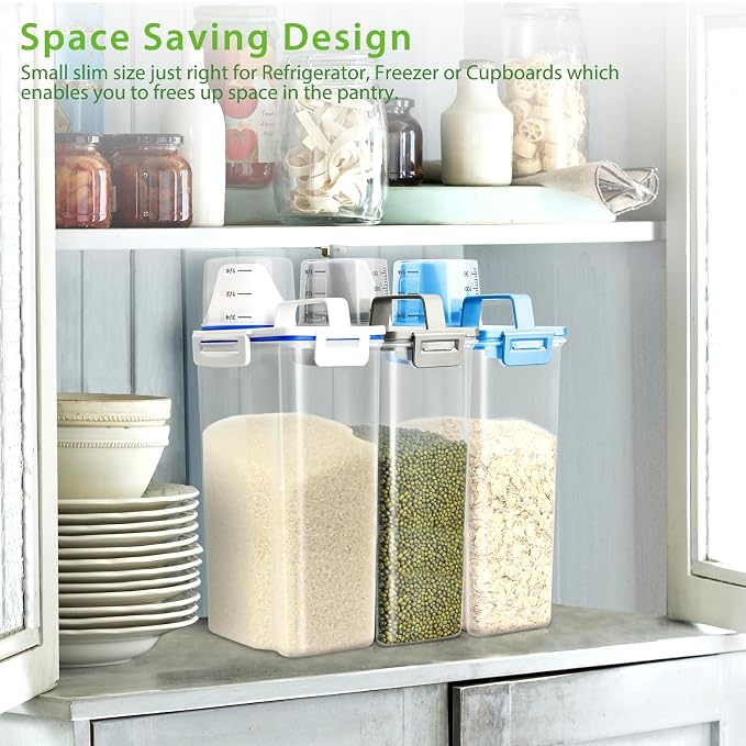 Viretec Rice Airtight Storage Container, 3 to 5Lbs Cereal Dry Food Flour Bin, Pet Dog Cat Food Dispenser with Measuring Cup, BPA Free Clear Plastic Kitchen and Pantry Organization Bin for Sugar