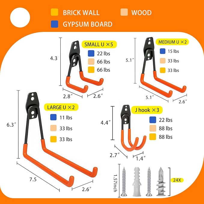 KOFANI Heavy Duty Wall Mount Steel 12 Pack Orange Garage Storage Hooks | Wall Hooks Geavy Duty for Hanging Bike, Ladder, Garden Tools,Broom,Hose，Anti-Slip Coating Garage Wall Organization