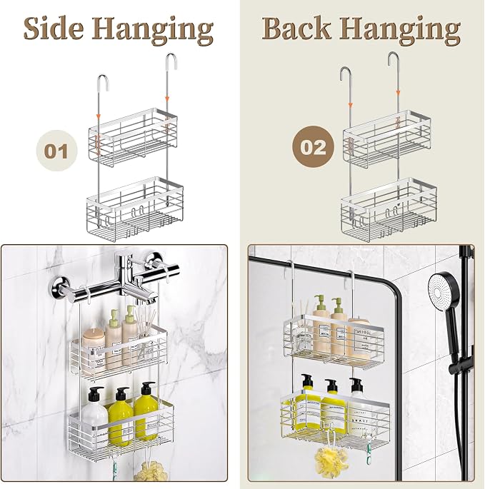 DELLAN Hanging Shower Caddy, 2-Tier Shower Rack with Hooks Over the Door | Bathroom Shower Caddy and Basket