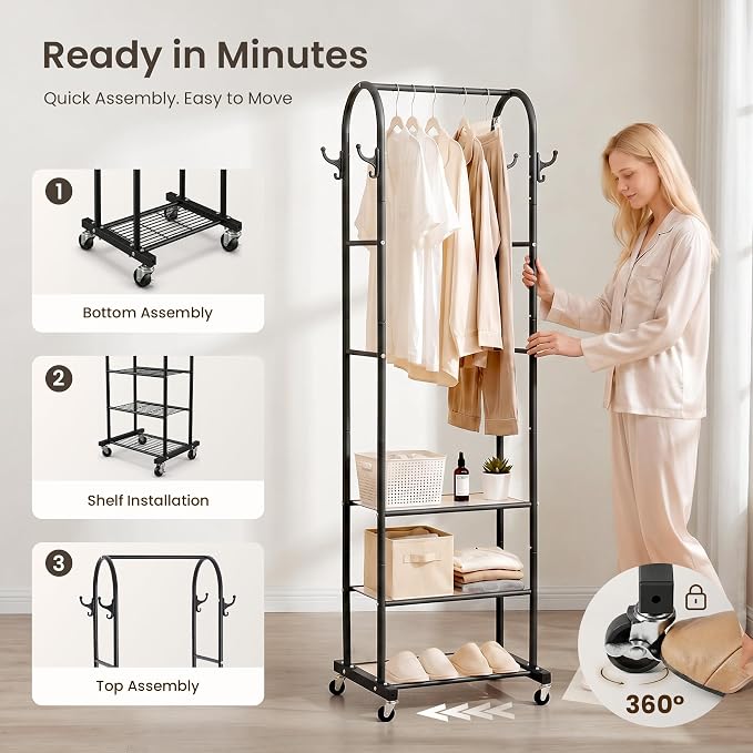 Cesun Heavy Duty Clothes Rack with 3-Tier Mesh Shelves & 8 Hooks, Black | Space-Saving Design, Lockable Wheels, Easy Assembly, Stainless Steel, Small Garment Rack for Entrance/Bedroom/Living Room