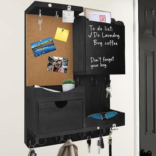 Key Holder Wall Mount, Mail Organizer Key Holder for Wall with Shelf, Drawer, Chalkboard, Corkboard, Home Decor Mounted for Room Entryway (Black)