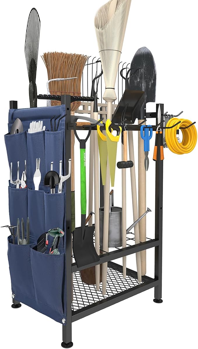 Garden Tool Organizer, Garden Yard Tool Rack for Garage, Garage Organization and Storage, Metal Yard Tools Storage up to 46 Tools/Rake/Broom/shovel/, Suitable for Garage, Yard, Patio, Shed