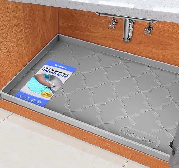 SIKADEER Waterproof Under Sink Mat Food-Grade Kitchen Shelf Liner 22" x 22" | Thick Raised Edge Cabinet Protector, BPA Free Kitchen Organizer and Storage, Non-Slip Dog & Cat Mat, Silicone Drying Mat