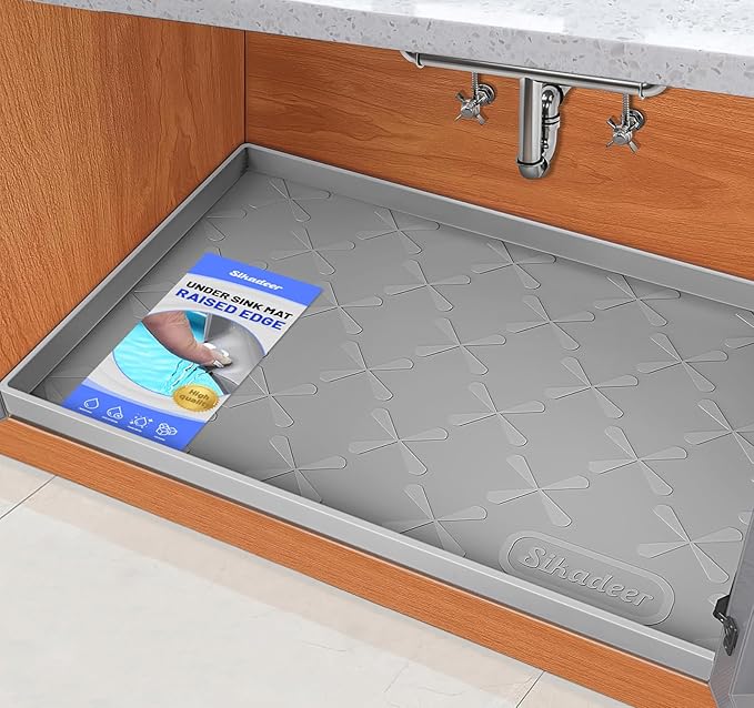 SIKADEER Waterproof Under Sink Mat Food-Grade Kitchen Shelf Liner 19" x 19" | Thick Raised Edge Cabinet Protector, BPA Free Kitchen Organizer and Storage, Non-Slip Dog & Cat Mat, Silicone Drying Mat