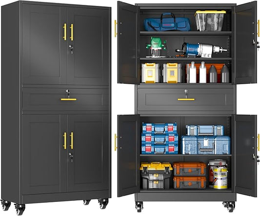 GAIOUS 74” Tall Metal Garage Storage Cabinet with Wheels and Drawer, Steel File Cabinet for Home Office, Tool Cabinet with 4 Locking Doors and 3 Adjustable Shelves, Rolling Cabinet for Garage-Black