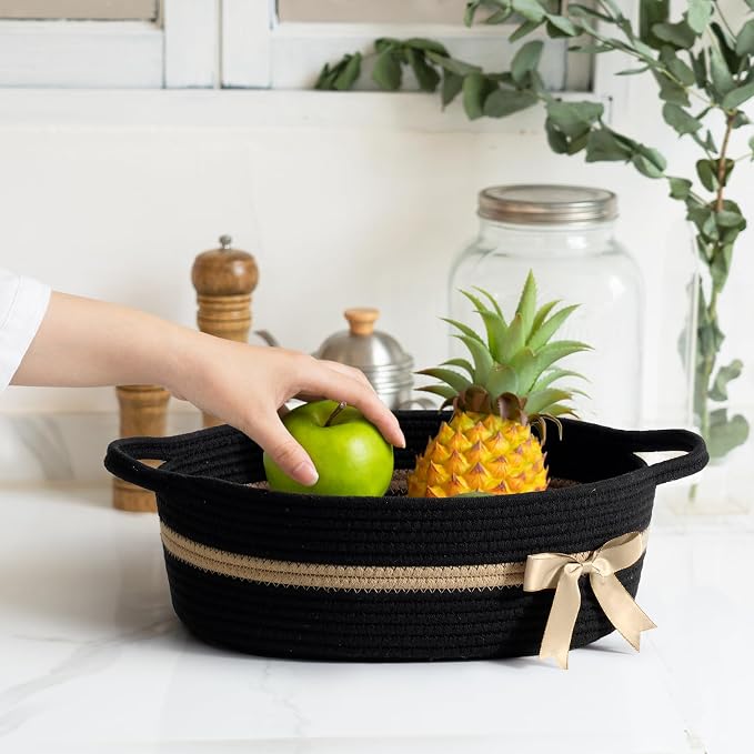 CHICVITA Small Woven Gift Basket, Cotton Rope Storage Basket, Black & Brown | 13" x 10" x 5", Diapers, Toys & Towels Organization, Nursery, Bathroom & Home Decor, Built-In Handles