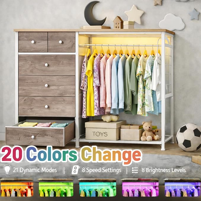 Simple Deluxe Storage Clothes Rack with 6 Drawers, Charging Station & LED Lights, Fabric Chest Shelves Clothing Rack, Wooden Portable Wardrobe Closet, 49.2" W x 15.7" D x 47.2" H, Brown