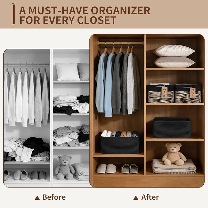 Goodpick 4 Pack Cotton Rope Storage Baskets with Handles, Black | 13" x 8" x 6", Rectangle Design, Shelf Organization, Closet Storage, Baby Toys, Books, Nursery Essentials & Decor