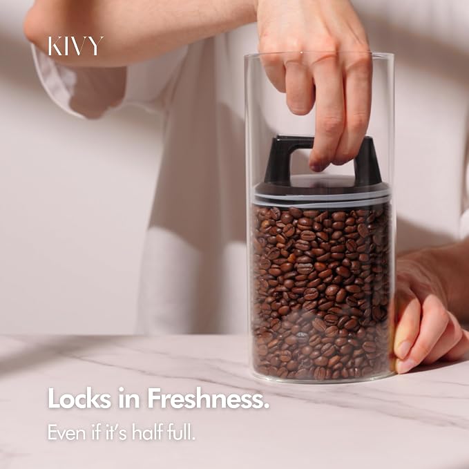 KIVY Vacuum Coffee Canister - Push Lid Preserves Coffee Aroma & Oil | Stainless Steel Airtight Coffee Canister - Container for Ground & Coffee Bean Storage - Storage Jar - Removes Excess Air