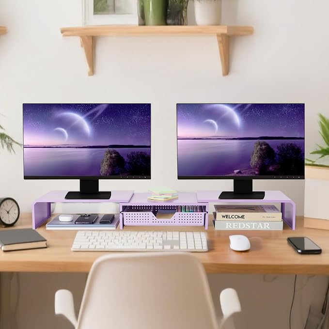 LEKETREE Dual Monitor Stand Riser with Drawer, Desk Organizer and Accessories, Metal Laptop Stand for Desk, Workspace Desktop Stand for Computer, Laptop, TV and More (Purple)