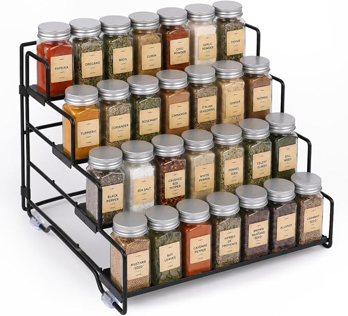 4 Tier Adjustable Spice Rack Organizer for Cabinet & Countertop | Adjustable-Depth Shelves, Tiered Visible Display, Raised Edge Guard, Vertical Space Saver, Metal Construction, Black