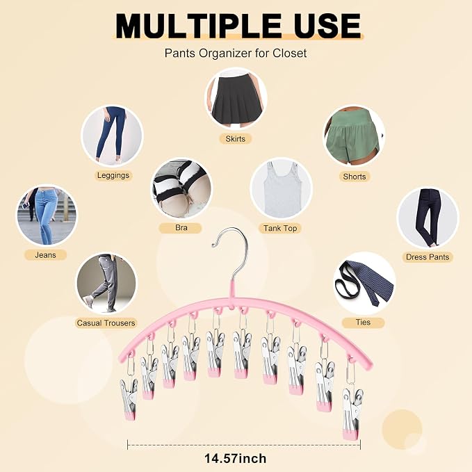Legging Organizer for Closet, Metal Yoga Pants Hangers 4 Pack w/10 Clips Holds 40 Leggings, Space Saving Hanging Closet Organizer w/Rubber Coated Closet Organizers and Storage, Pink