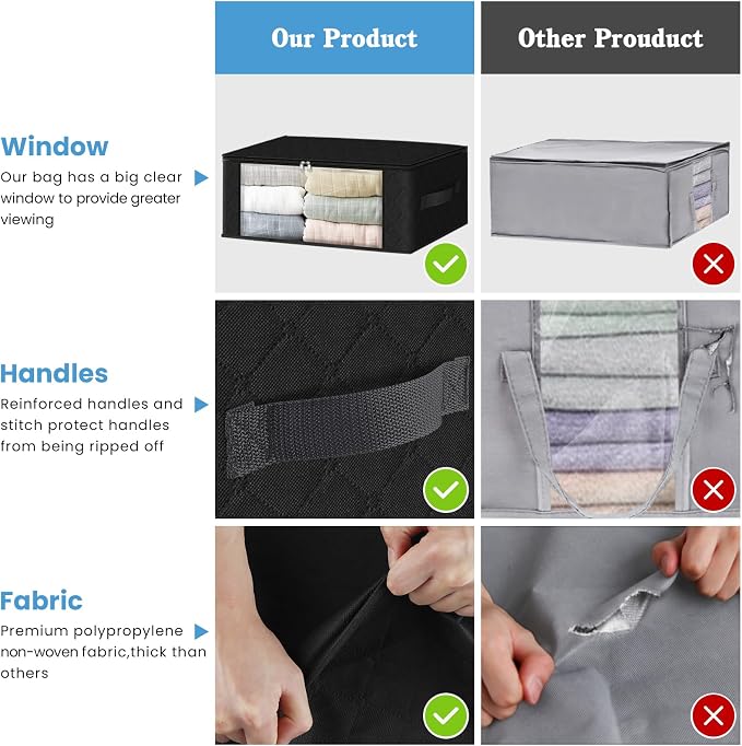 HomeHacks 4-Pack Clothes Organizer Storage Bags, 35L Storage Bins, Black | Foldable Storage Box Container with Zippers, Clear Window, Reinforced Handles for Closet, Dorm, Pillows, Bedding, Sweater