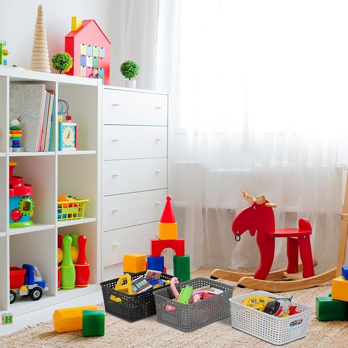 Plastic Storage Baskets 6 Pack Sturdy Storage Organizer Basket Woven Plastic Storage Bins for Shelves,Closet,Countertops, Desktops, Cabinets and Badrooms,Saving Storage, Stylish Design,White