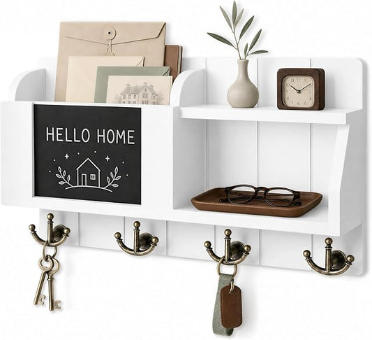 Rebee Vision Key Holder Wall Mount with Mail Organizer for Entryway, White | Key Holder for Wall, 4 Key Hooks, Floating Shelf, Home Decor, Mail Sorter, Key Hanger, with Chalkboard, Apartment Essential