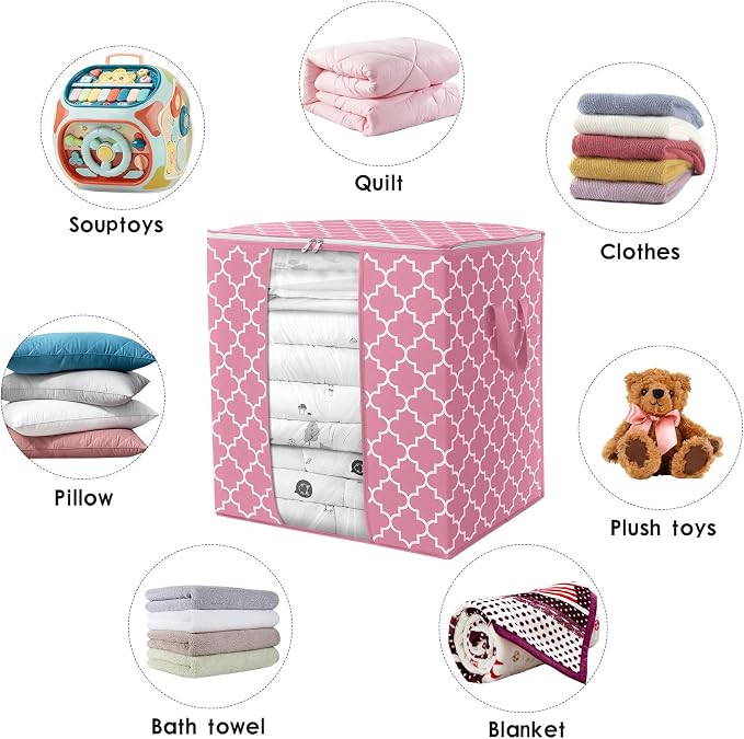 WISELIFE Storage Bags 3 Pack/100L Large Blanket Clothes Organization and Storage Containers for Comforters,Bedding, Foldable Organizer with Reinforced Handle, Clear Window, Sturdy Zippers,Pink