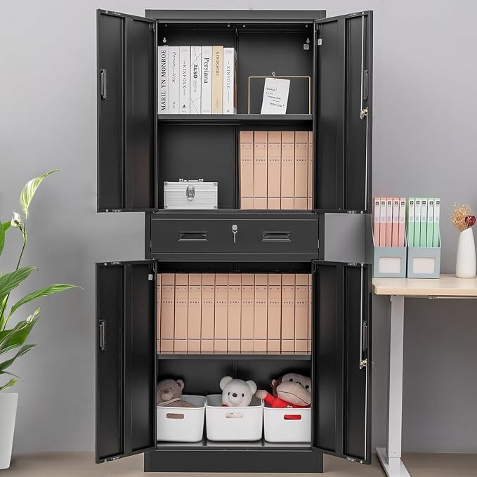 CJF 71" H Tall Metal Storage Cabinet with Drawer, Locking Garage Cabinet with 2 Adjustable Shelves, Heavy-Duty Tool File Storage Cabinets for Home Office, Kitchen, Warehouse, Shop (Black)
