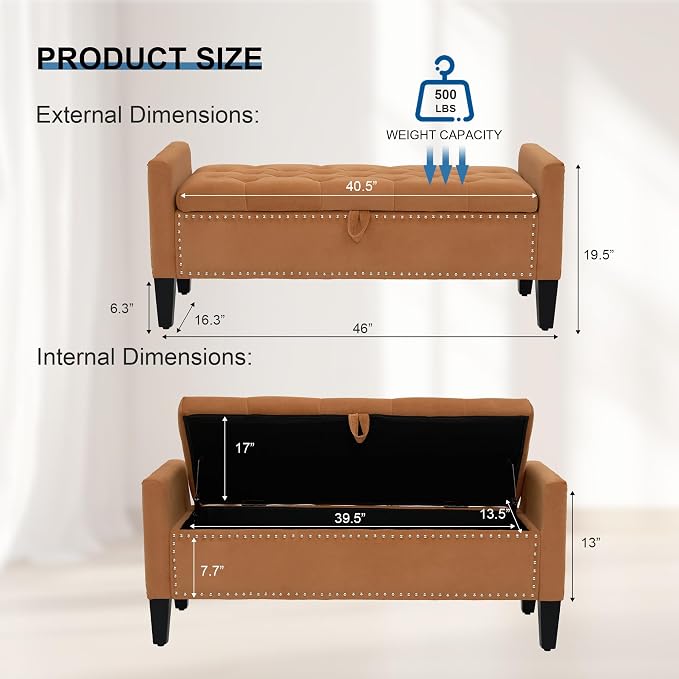 Storage Ottoman Bench, Velvet Upholstered Footstool for Bedroom and Living Room, Frosted Flannel Seat with Storage, Wooden Legs & Metal Rivets, Orange