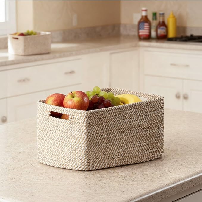 5 Pack Woven Storage Baskets for Shelves, Decorative Basket Organizer Storage Bins for Toys, Books, Clothes, Closet, Nursery, Bathroom – Cotton Rope Shelf Baskets for Organizing and Decor, Khaki