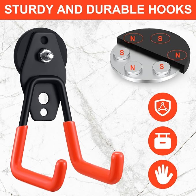 Landhoow 6 Pcs Large Magnetic Hooks Heavy Duty Garage Magnet Hooks Strong Storage Utility Magnetic Hangers with Anti Slip Rubber Coating for Indoor and Outdoor Hanging (Orange)