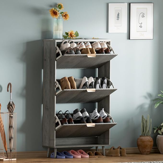 Shoe Cabinet Storage,Modern Freestanding Organizer with 3 Flip Drawers,Narrow Shoe Rack Cabinet for Entryway,Grey