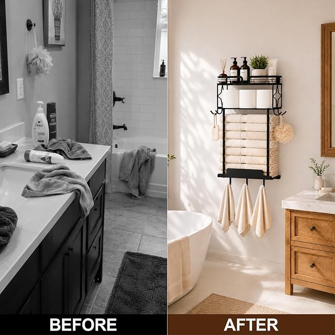 Towel Racks for Bathroom 23.8 Inch Wall Mounted Towel Rack with Shelf, Small Bathroom Towel Storage Holds 3–6 Large Rolled Towels, Metal Wall Towel Rack, Black