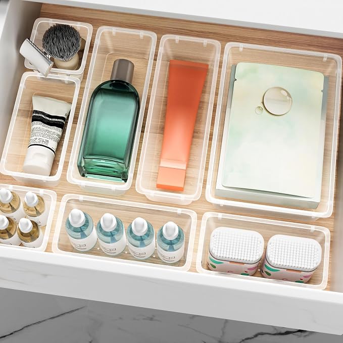 24 PCS Drawer Organizer Set, Makeup Organizers, Tool Storage Trays | 4 Sizes, Plastic, Stackable, Multiple Gadgets, Desk Drawer Divider Organizers, for Makeup, Office Supplies Storage