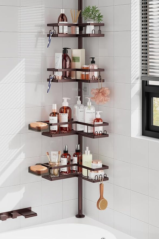 YASONIC Corner Shower Caddy Tension Pole, 25.7-109.1in Adjustable Shower Shelves, Rust-Resistant Shower Organizer, No-Drill 3-Step Installation, Bathroom Shelves for Renters & Family, Bronze