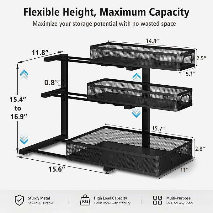 Under Sink Organizer, 3 Tier Pull Out Cabinet Organizer with 5 Adjustable Heights, Metal Under Sink Storage with Sliding Drawers for Kitchen, Bathroom, Pantry and Laundry Room, 2-Pack Black